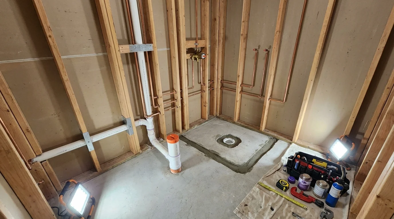 Bathroom rough-in plumbing during remodel by Johns Plumbing LLC in Ingleside
