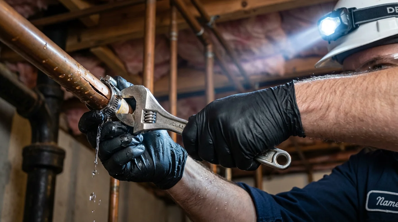 Emergency pipe clamp repair being performed by a Johns Plumbing LLC plumber in Ingleside