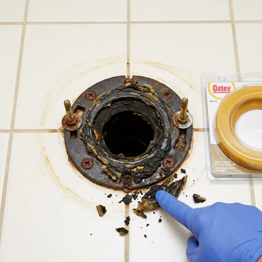 Failed wax ring showing water seepage at the base of a toilet in a Ingleside, TX home
