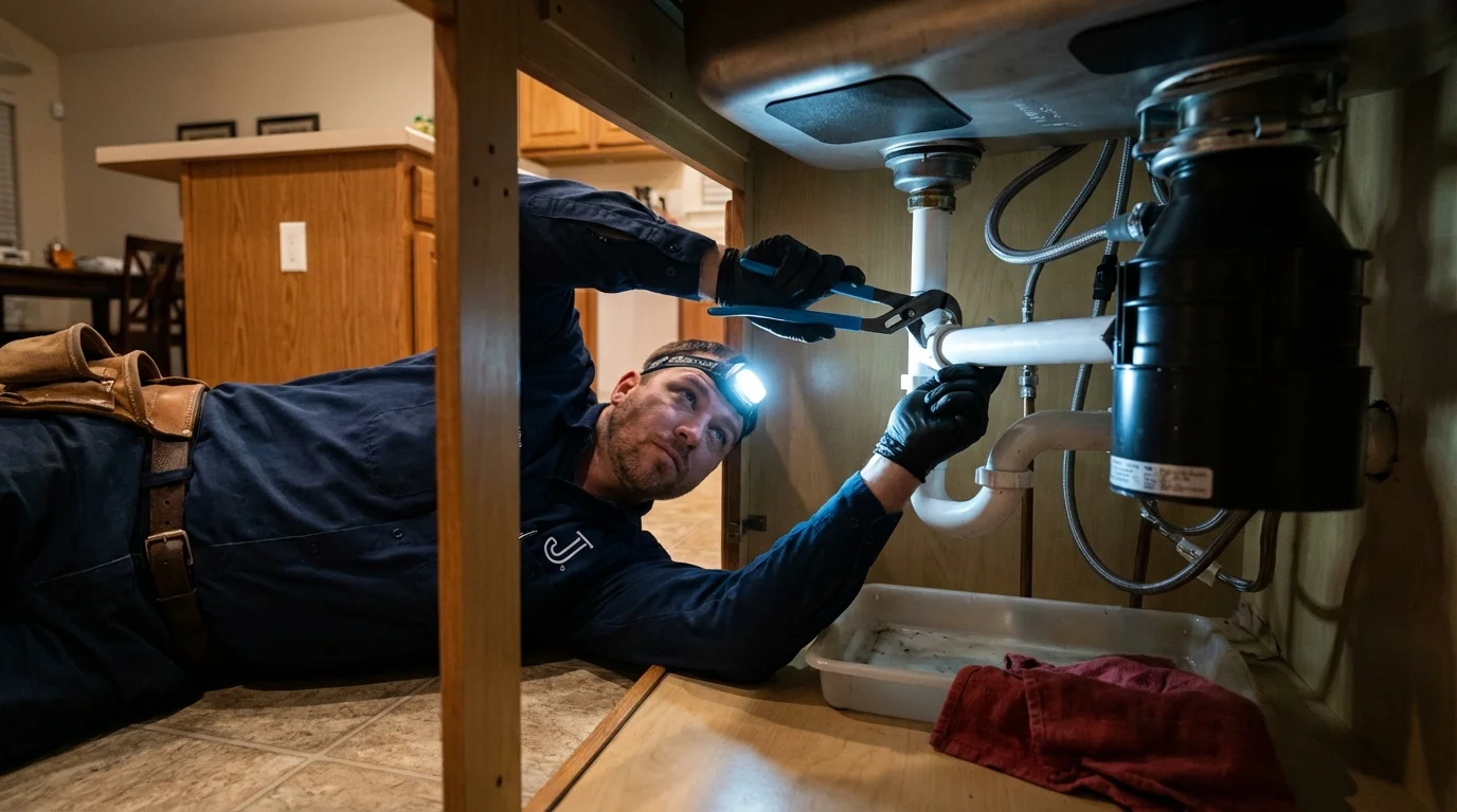 P-trap and supply line connections under a kitchen sink showing a common leak point in Ingleside, TX